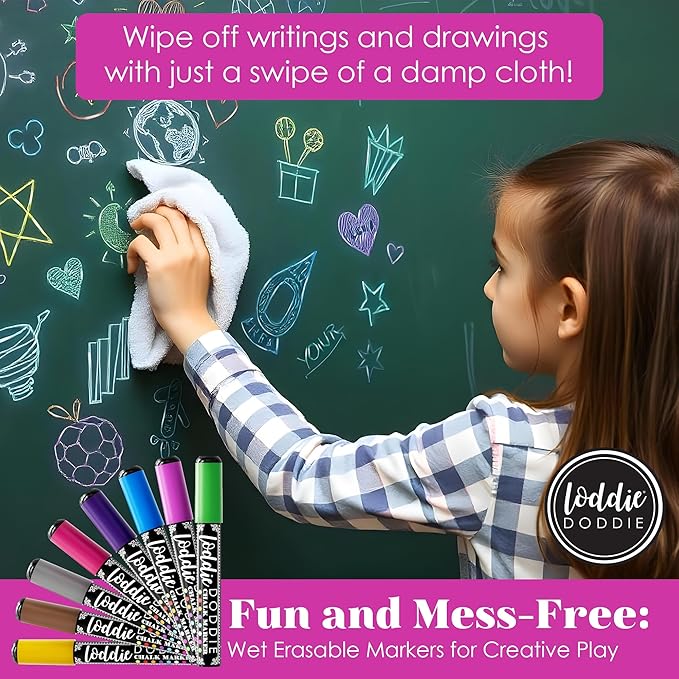 Loddie Doddie Metallic Liquid Chalk Markers for Chalkboard - 8 Count, 6mm Reversible Chisel & Bullet Tip - Erasable Chalk Pen - Metallic Chalkboard Markers - Chisel Tip Pens