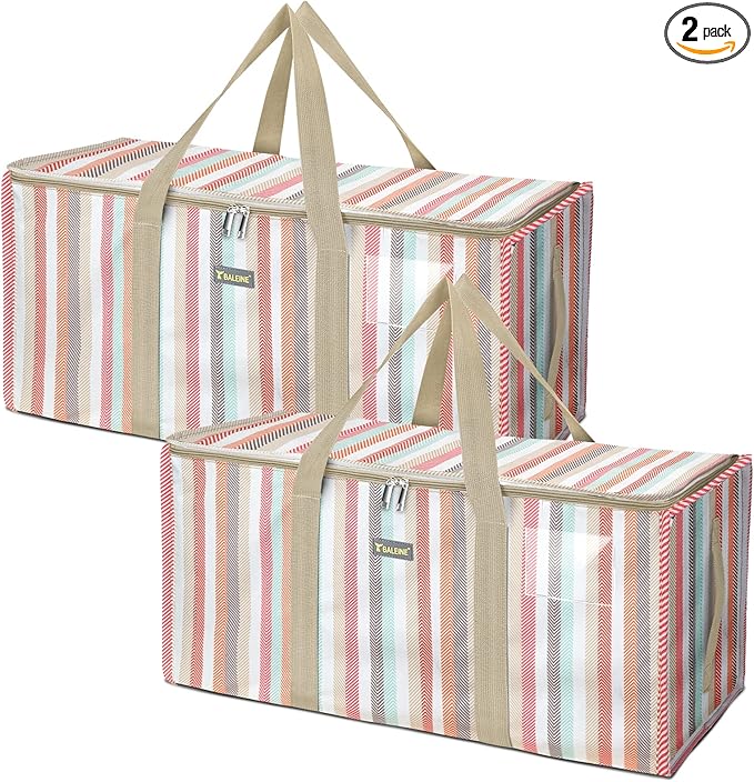 BALEINE Extra Large Storage Tote with Zippers & Carrying Handles, Heavy-Duty Oxford Fabric Moving Bags for Laundry, Space Saving, Storage, 2-Pack, Color Stripe