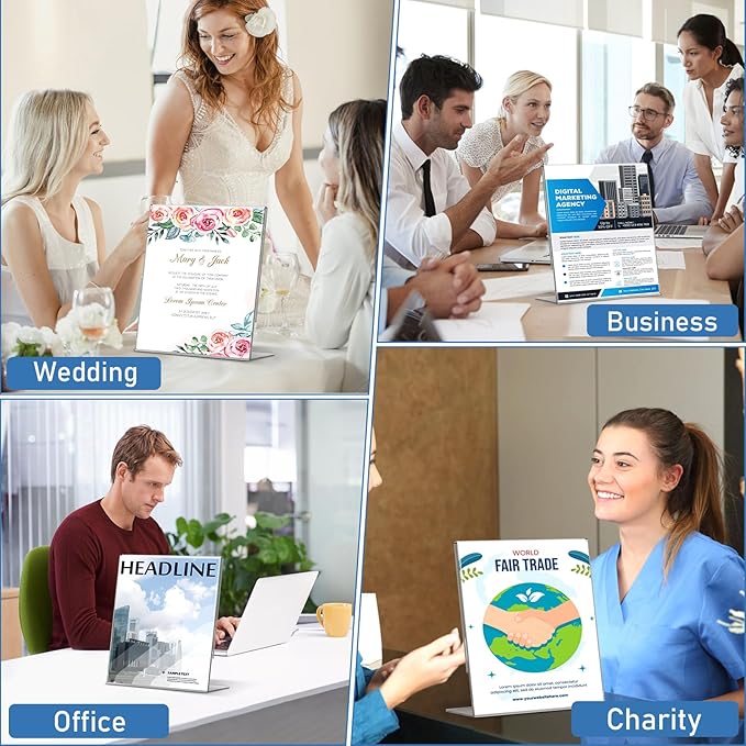 Acrylic Sign Holder 8.5x11 Inches, 10 Pack Clear Plastic Table Flyer Display Stand, L-Shape Vertical Menu Paper Holder Stand, Clear Picture Photo Flyer Display Stand for Restaurants, Store Fair,Office