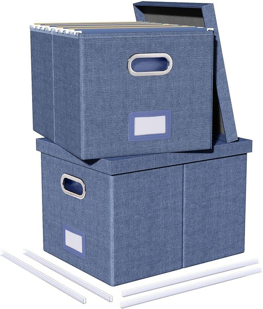 2 Pack File Storage Organizer, Document Organizer, Portable File Box with Lid, Fit for Letter/Legal File Folder Storage,Blue-Box only