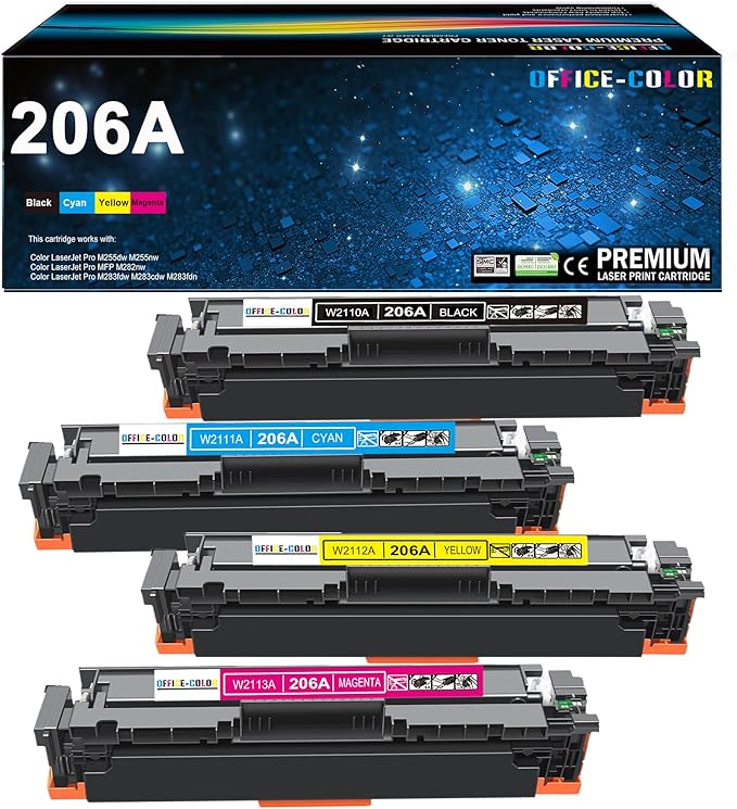 OFFICE-COLOR Compatible for HP 206A Toner Cartridges 4 Pack Works with HP Color Laserjet Pro MFP M283fdw,MFP M283cdw,M255dw,M255nw,M255,M282nw,M282,M283 Printers