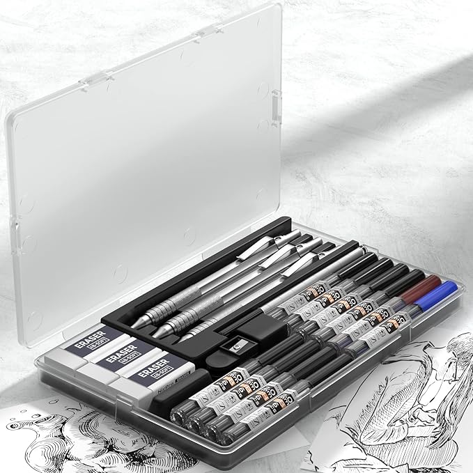 Nicpro Metal 2.0 Mechanical Pencil Set with Case, 3 PCS Drafting Lead Holder with 10 Tubes 2mm Graphite Lead Refill(HB 2H 4H 2B 4B) &Colors, Sharpeners, Erasers for Artist Writing, Drawing, Sketching