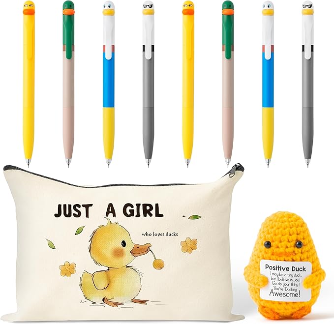 Ducks Gel Ink Pens - 10Pcs Happy Knitted Duck Stress Relief Stationery Set Little Yellow Duck Accessories Lovely Retractable Gel Pens Zipper Organizer Pen Pouch Kids' Birthday Party Favor Gift