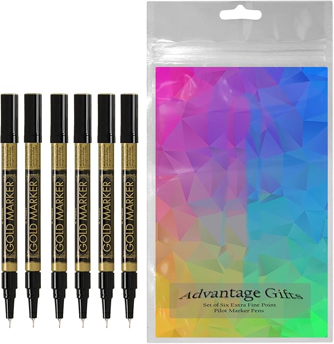 Metallic Permanent Paint Markers, Gold, Extra Fine Point (0.5mm), 6 Count, Bundle with Plastic Reusable Pouch