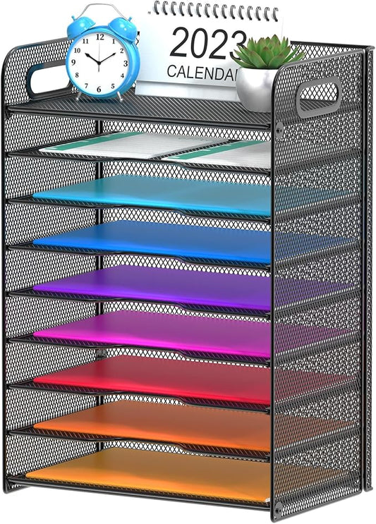 Samstar 9 Tier Desk Organizer, Mesh Paper Letter Tray File Rack Shelves Paper Sorter Storage with Handles, Black