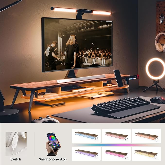 Fenge Dual Monitor Stand for Desk, 2 Tiers Monitor Riser with Acrylic Shelf & App Control LED Lights, 42.5 Inch Wood and Aluminum Desk Shelf with Phone and Tablet Holder