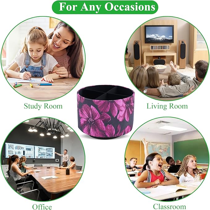 QIELIZI Round Leather Art Supply Organizer,Remote Control Holder,360 Degree Rotating,Multi-Functional Pencil Holder,4 Compartments Desktop Stationary Organizer(1-Dahlia Rose Red)