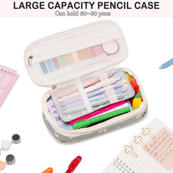 Bible Study Supplies for Women & Journaling Kit - Pencil Case, 12 Colored Highlighters No Bleed, 75 Index Bible Tabs, A5 Notebook, 16 Gel Pens & 4 Transparent Notes - Christian Gifts, Green Daisies