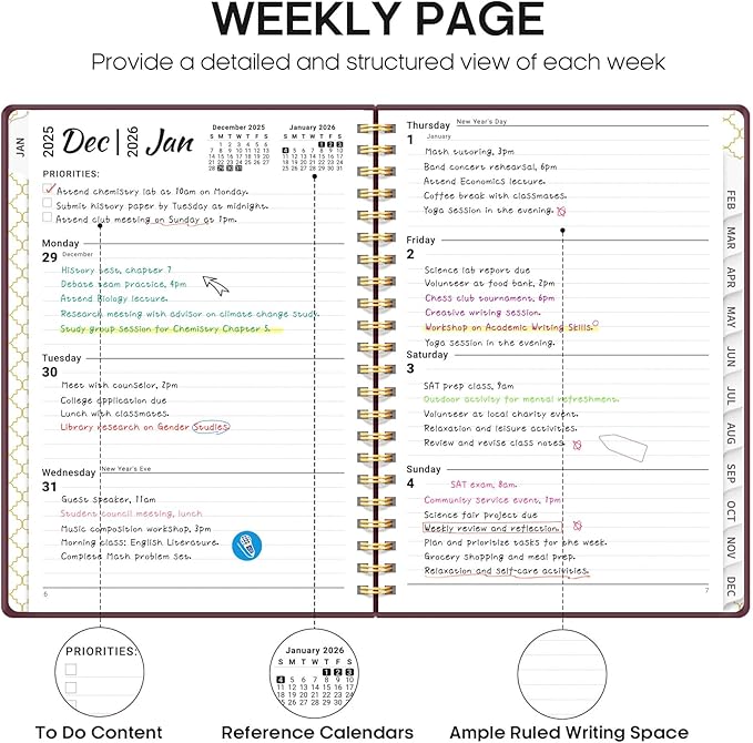2026 Planner, Weekly and Monthly Calendar Planner, January 2026 - December 2026, Hardcover 2026 Calendar Planner Book with Tabs For Women & Men, Inner Pocket, Spiral Bound, Perfect for Office Home School Supplies - A5 (6.3" x 8.5"), Burgundy