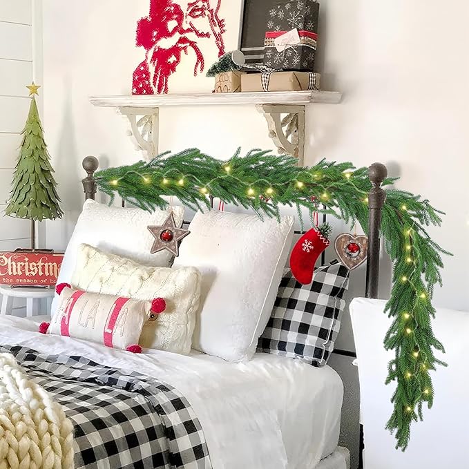 Hananona 4 Pcs 9 Ft Artificial Norfolk Pine Garlands, Real Touch Winter Pine Garland, Green Artificial Greenery Garland for Table, Mantle, Wall, Indoor, Outdoor Christmas Decorations (4, 9 Ft)