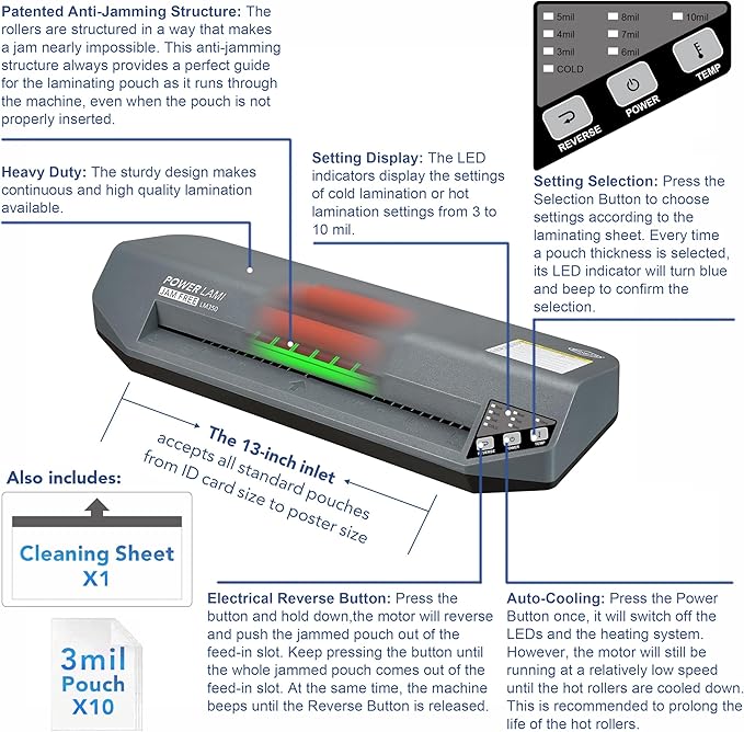 SINCHI 13" Thermal Laminator Machine – 3–10 Mil, 48s Warm-Up, 17s/Sheet, Heavy Duty No-Jam Design, Works with Cardstock & Dark Prints, Includes 10 Sheets, Ideal for Office, School & Business Use