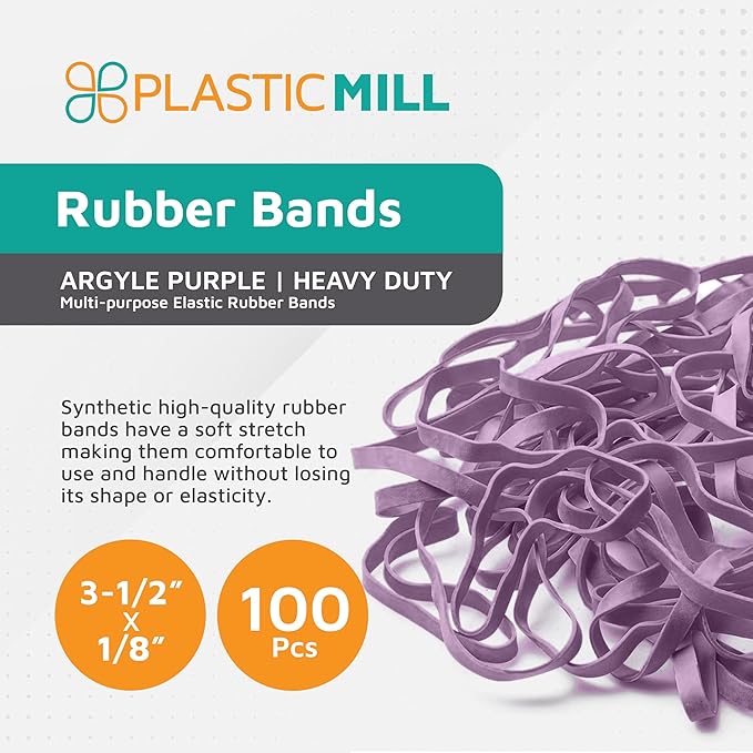 PlasticMill Argyle Purple Rubber Bands Size 33 (3 1/2" x 1/8") - #33 Colored Rubber Bands Office Supplies - Strong, Elastic Bands for Crafts, Balloon Garland, Cash, File Folders (100-Pack)