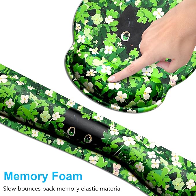 Dapesuom Keyboard Wrist Rest and Mouse Pad with Wrist Support, Cute Memory Foam Cushion for Keyboard and Mouse Set, Desktop Pad Rests with Non Slip Base for Easy Typing & Pain Relief, Anime Grass Cat