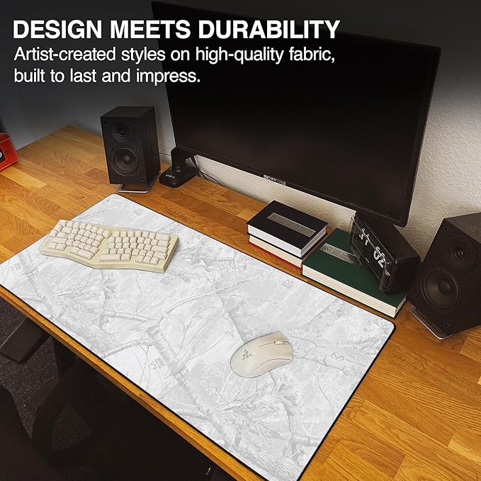 MPCO. Real Tree Large Gaming Desk Pad - 36" x 17" Duraglyde Fabric Edge Snow White – Without Logo Desk Mats - Non-Slip, Washable, Smooth Glide for Precision Gaming & Work