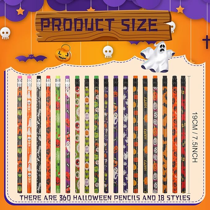 360 Pieces Halloween Pencil with Eraser Fun Assortment Halloween Themed Pencil Novelty Ghost Pumpkin Skeleton Bat Spider Wooden Drawing Pencils for Halloween Party Supplies