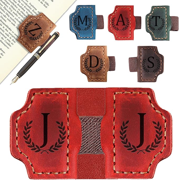 Bygone Mark Bookmark with Pen Holder, 26 Letters Name Initial Personalized Magnetic Bookmarks, Leather Book Mark for Men Women, Travelers Accessories, Teachers Readers Book Lovers Gifts (Red, J)