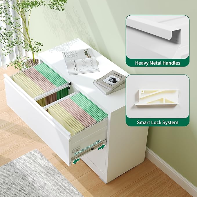 2 Drawer Lateral File Cabinet with Lock, Metal Filing Cabinets for Home Office, Steel Storage Wide File Cabinet for Letter/Legal/F4/A4 Size with Hanging Bars, Assembly Required (White)