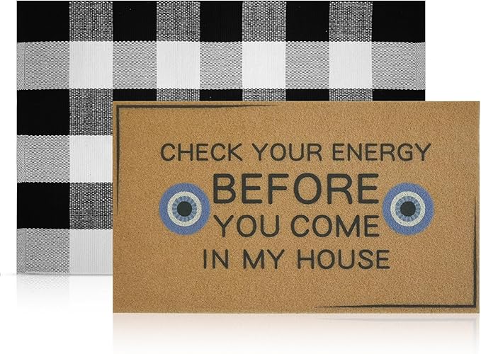 2 Pcs Check Your Energy Door Mat 30 x 17 Inch Evil Eye Door Mat Funny Welcome Coir Doormats for Front Doors Nonslip 2-in-1 Buffalo Plaid Rug for Outside Entrance Porch Rubber Backing Home Decor