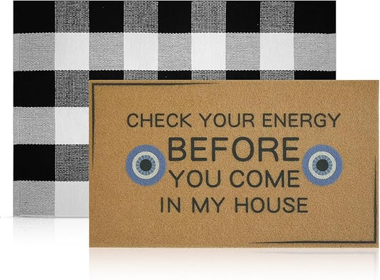 2 Pcs Check Your Energy Door Mat 30 x 17 Inch Evil Eye Door Mat Funny Welcome Coir Doormats for Front Doors Nonslip 2-in-1 Buffalo Plaid Rug for Outside Entrance Porch Rubber Backing Home Decor