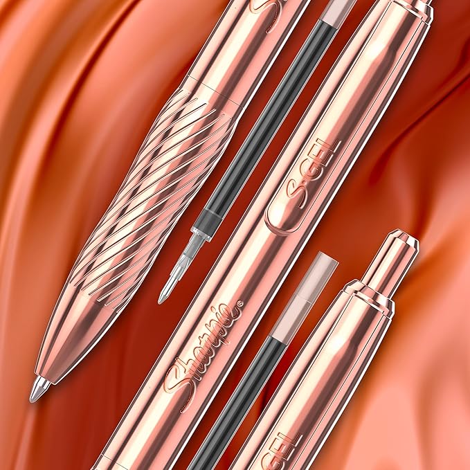 Sharpie S-Gel, Gel Pen, Copper Metal Body, Medium Point (0.7mm), Black Ink, Includes 2 Pens and 2 Additional Ink Refills