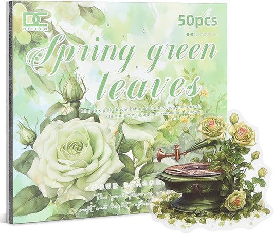 Snycler Scrapbooking Supplies, Vintage Journaling - 25 Sheets PET & 25 Sheets Paper Stickers, DIY Craft Stickers for Junk Journals, Ephemera Sticker Book, Green Leaf Themes, Pre-Cut Designs