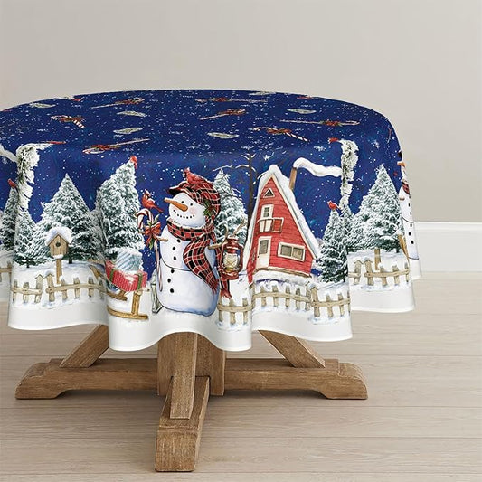 Horaldaily Christmas Tablecloth 70×70 Inch Round, Winter Snowman House Christmas Trees Blue Washable Table Cover for Party Picnic Dinner Decor