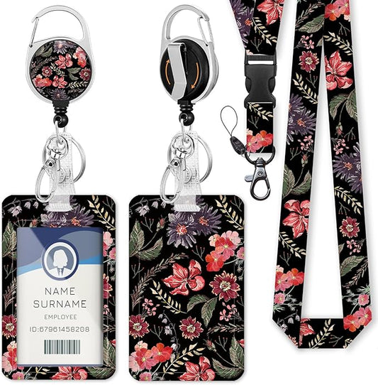 Flower ID Badge Holder with Breakaway Lanyard, Fashionable Lanyards for ID Badges Women, Cute Floral Badge Reel Retractable, ID Card Holder Keychain Name Badge Clip, Nurse Teacher Gifts