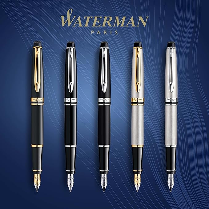 Waterman Expert Fountain Pen, Gloss Black with 23k Gold Trim, Medium Nib, Luxury Pen in Gift Box, Fountain Pen for Writing