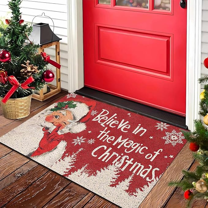 InterestPrint Merry Christmas Doormat Red Christmas Santa Claus Decorative Doormat Indoor Outdoor Entrance Xmas Winter Welcome Door Mat Anti-Slip Rubber for Seasonal Holiday Decortion, 16" x 24" Inch