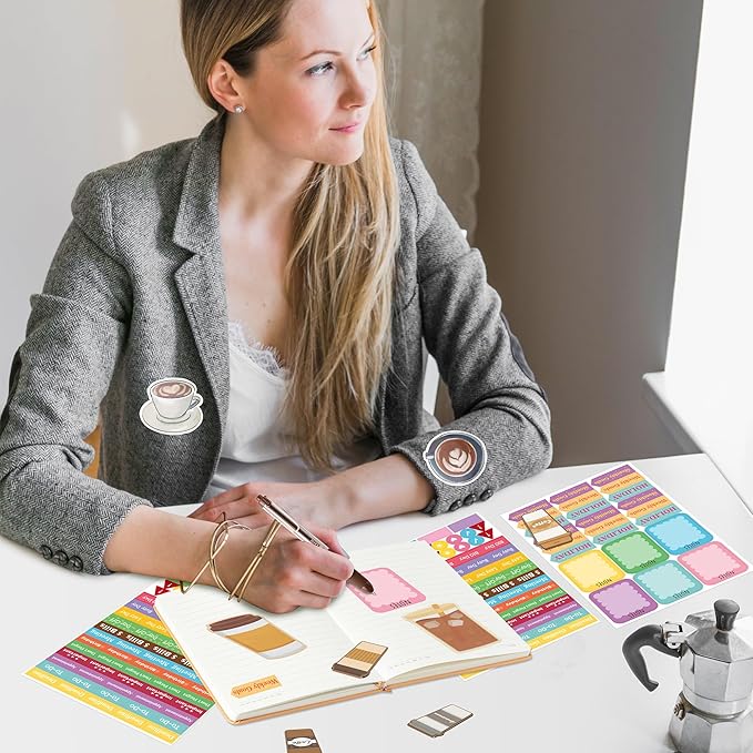 B1ykin Notebook Sticky Notes Stationery Set, 6Pcs Hardcover Ruled Journal Notebook with Planner Stickers, Neutral Pen Bookmarks Clips Birthday Gift for Office School Students (Coffee)