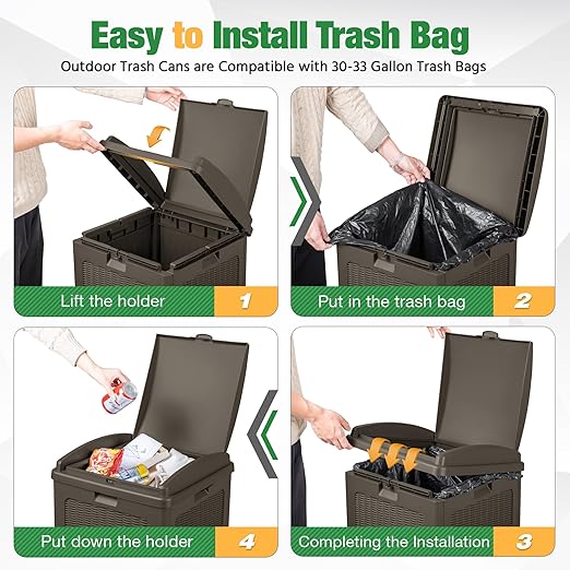 Flamaker 30 Gallon Trash Can, Resin Outdoor Garbage Can with Lid, Waterproof Hideaway Patio Waste Bins for Outside Use (2 Pack, Deep Brown)