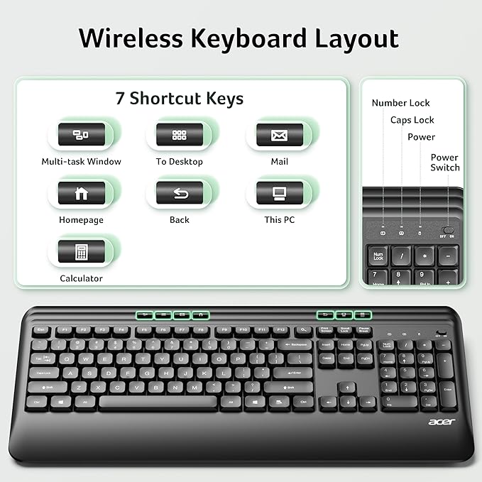 Acer Wireless Keyboard and Mouse Combo, 2.4G Full Sized Erogomic Keyboard Mouse Cordless, Palm & Wrist Rest, Unifying USB Receiver, 7 Multimedia Hotkeys, Sleep Mode, for PC, Laptop, Computer, Windows