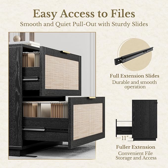 2 Drawer Rattan File Cabinet, 32'' Lateral File Cabinet for Legal/Letter/A4/F4 Size Hanging Files, Wood File Storage for Home Office, Black