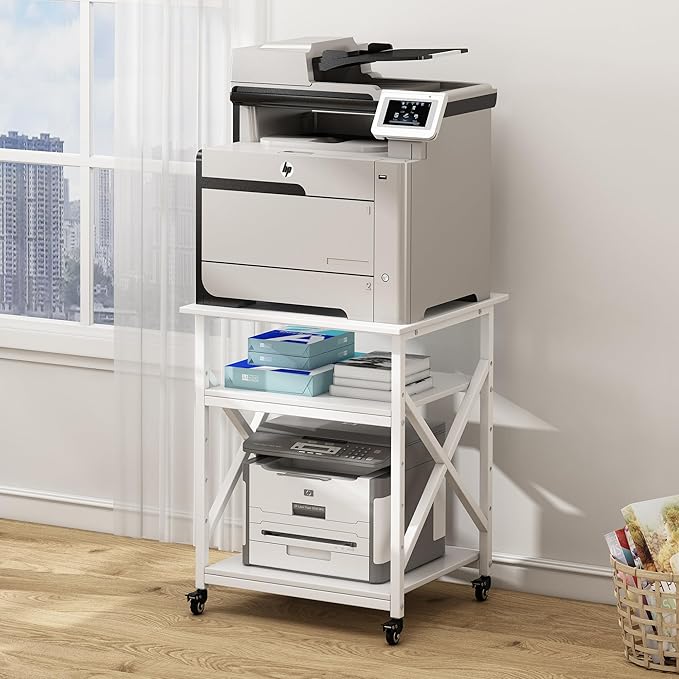 Large Printer Stand with Height Adjustable Storage Shelf, 23.6 x 23.6 Inches Square Printer Table with Industrial Wheels, Multi-use 3 Tier Rolling Printer Cart for Home Office - White