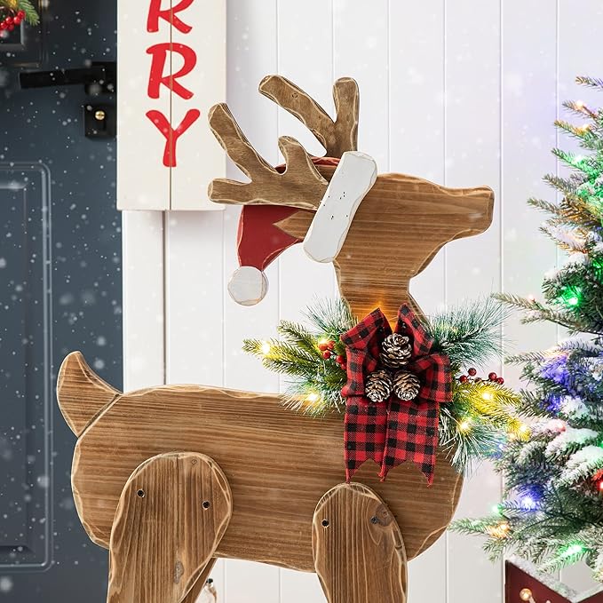 Glitzhome 36" H Lighted Wooden Christmas Chunky Reindeer Porch Sign Standing Deer Porch Decor Rustic Merry Christmas Welcome Sign Holiday Party Outdoor Indoor Xmas Decorations