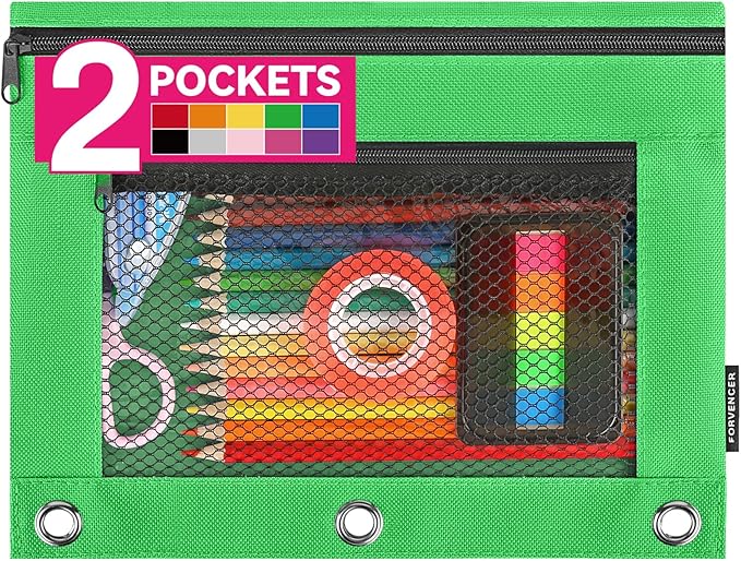 Forvencer Adorable Zipper Pencil Pouch, Cute Zipper Pouch for 3-ring Binders, Sturdy Binder Pouch with Smooth Zippers, Perfect for Students & Back to School, Portable Pencil Bag, Green