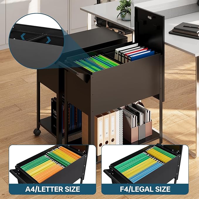 Mobile File Cart with Lock, Rolling File Cabinet Hanging Letter/Legal Size with Lockable Sliding Cover, Office File Organizer on Wheels