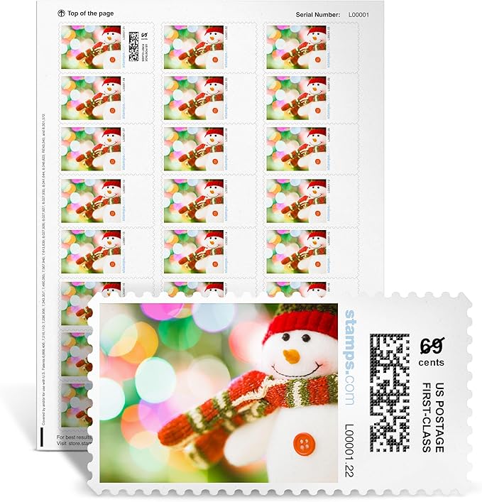 Snowman Hugs NetStamps 120-Pack (5 Sheets) Printable Postage Labels (Stamps.com Subscription Required) - Print Approved Postage - Inkjet & Laser Printers - Business, Personal, Home