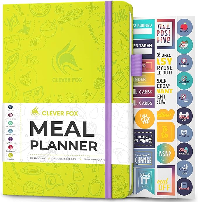 Clever Fox Weekly Meal Planner - Weekly & Daily Meal Prep Journal with Shopping and Grocery Lists for Menu Planning, Healthy Diet & Weight Loss Tracking, Lasts 1 Year, Undated, A5 - Neon Yellow