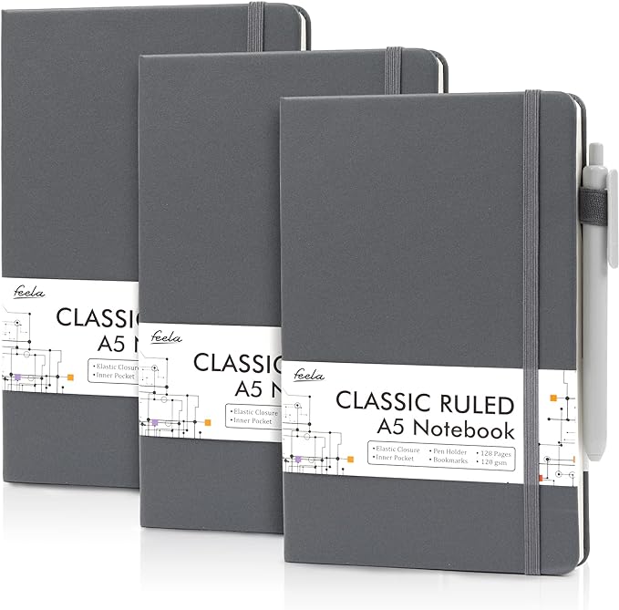 feela 3 Pack Notebooks Journals Bulk with 3 Black Pens, A5 Hardcover Notebook Classic Ruled Lined Journal Set with Pen Holder for Work Business Journaling Note Taking, 120 GSM, 5.1”x8.3”, Gray