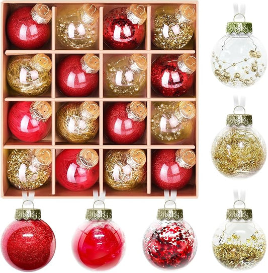 DeckTheHalls Christmas Ball Ornaments Set, 32-Piece Clear Plastic Decor for Crafts, Reusable DIY Festive Tree Decorations, Easy Hang Unbreakable Ornaments for Holiday, Party, Wedding (Red & Gold)