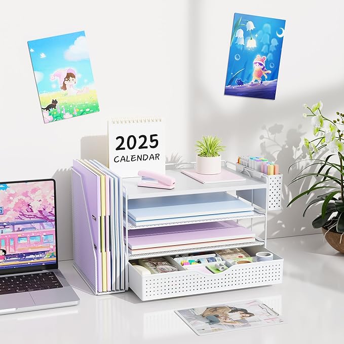 Wood Desk Organizers and Accessories with File Holder, 4-Tier Desk Accessories & Workspace Organizers with Drawer and Pen Holder, Paper Organizer for Office Supplies (White)