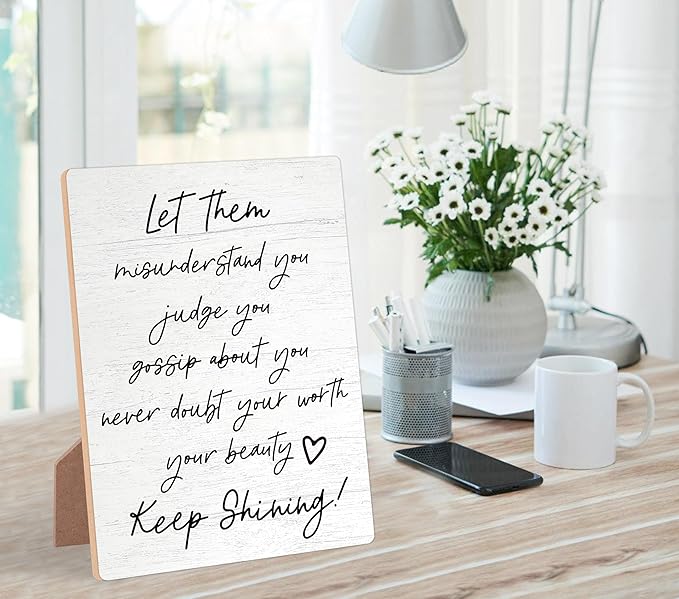 Desk Signs for Office, Mental Health Decorations, Inspirational Desk Decor, Home Decor Living Room, Coworker Gifts, Encouragement Gifts for Women Men Friend, Christian Gifts, Wooden Sign with Stand,5