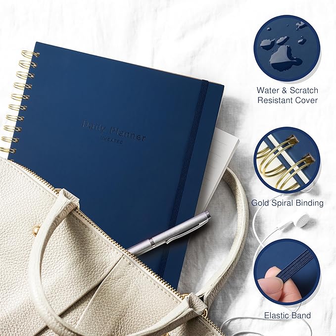 Undated Daily Planner To Do List Hourly Schedule 2027 2026 2025 Calendar & Holiday Habit Tracker 180 Pages Letter Size 8.5" x 11" Sheets Hardcover Spiral Bound Notebook (Navy Blue)