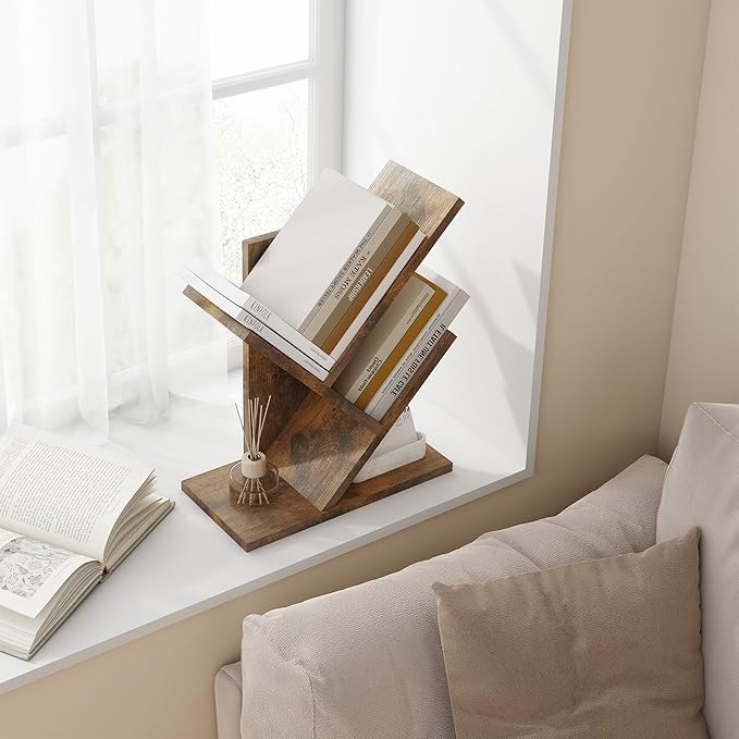 Tajsoon Tree Bookshelf 3 Tier Book Shelves Storage Organizer, Desktop Bookshelf Floor Standing Bookcase Display for Magazine/Books, Small Tree Bookshelf for Bedroom, Living Room Office, Rustic Brown