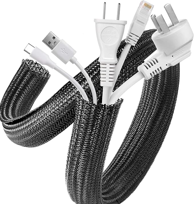AGPTEK Cable Sleeve Cover, 10ft - 1 inch Desk Cord Organizer Cable Hider, Home Office Wire Management Computer TV Wire Loom Tubing, Pet Proof Cord Protector, from Cat Dog Chewing, Black