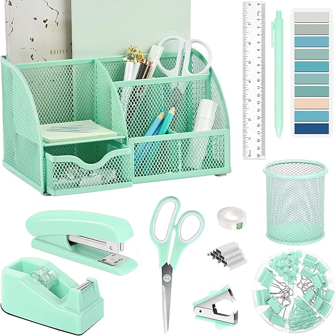 Green Office Desk Accessories Supplies, 12pcs Desk Organizers and Accessories with Tape dispenser and Stapler,Staples,Staple Remover,Pen Holder,Scissor,Ruler,Sticky Tabs,Tape,Ballpoint Pen,Clips Set