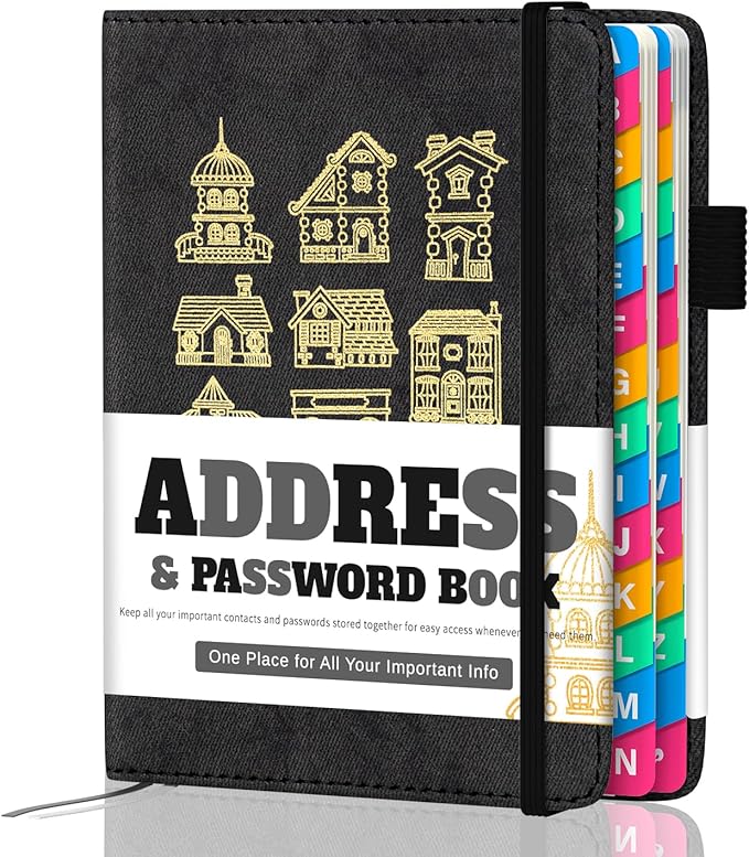 Address Book with Colorful Alphabetical Tabs (4.7" X 6.2") – Telephone Address Contact Book for Seniors, Address Book with Space for Website Address and Internet Passwords (Black)