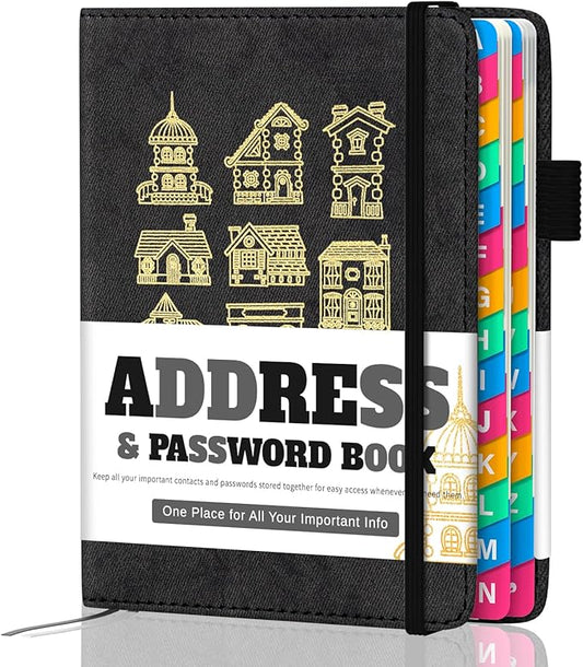 Address Book with Colorful Alphabetical Tabs (4.7" X 6.2") – Telephone Address Contact Book for Seniors, Address Book with Space for Website Address and Internet Passwords (Black)