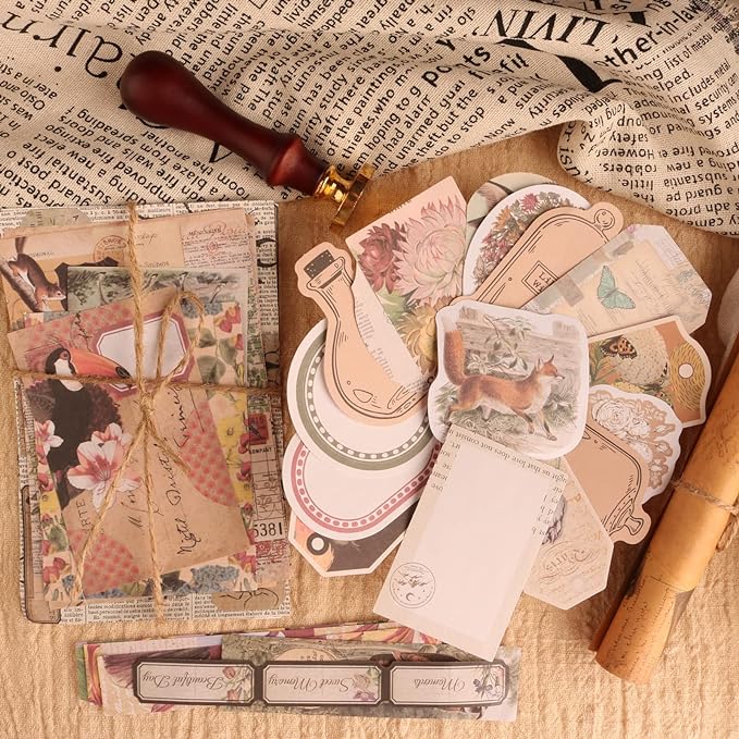 200Pcs Vintage Scrapbook Stickers, Aesthetic Junk Journal Stamping Supplies Kit, Scrapbooking Ephemera Washi Paper for Bullet Journaling Planners Diary Collage